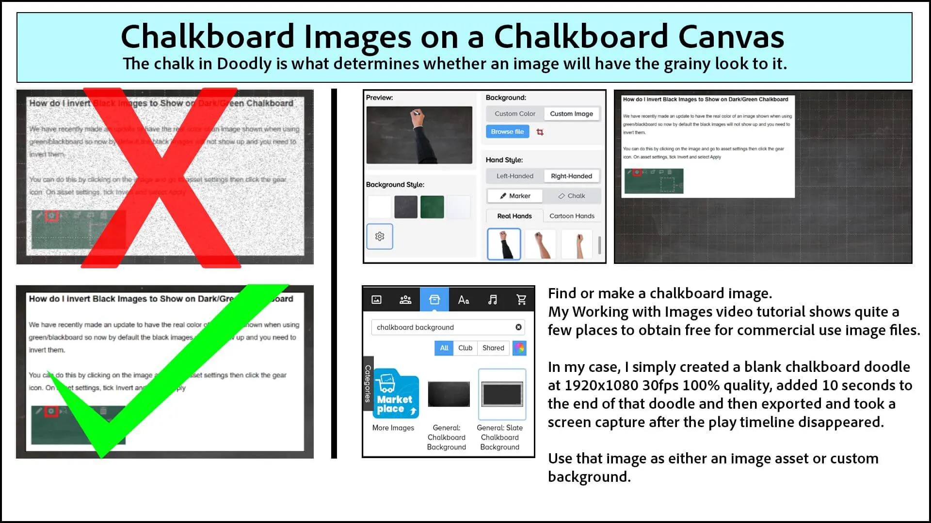 Illustration showing how to have clear images on a chalkboard background in Doodly.