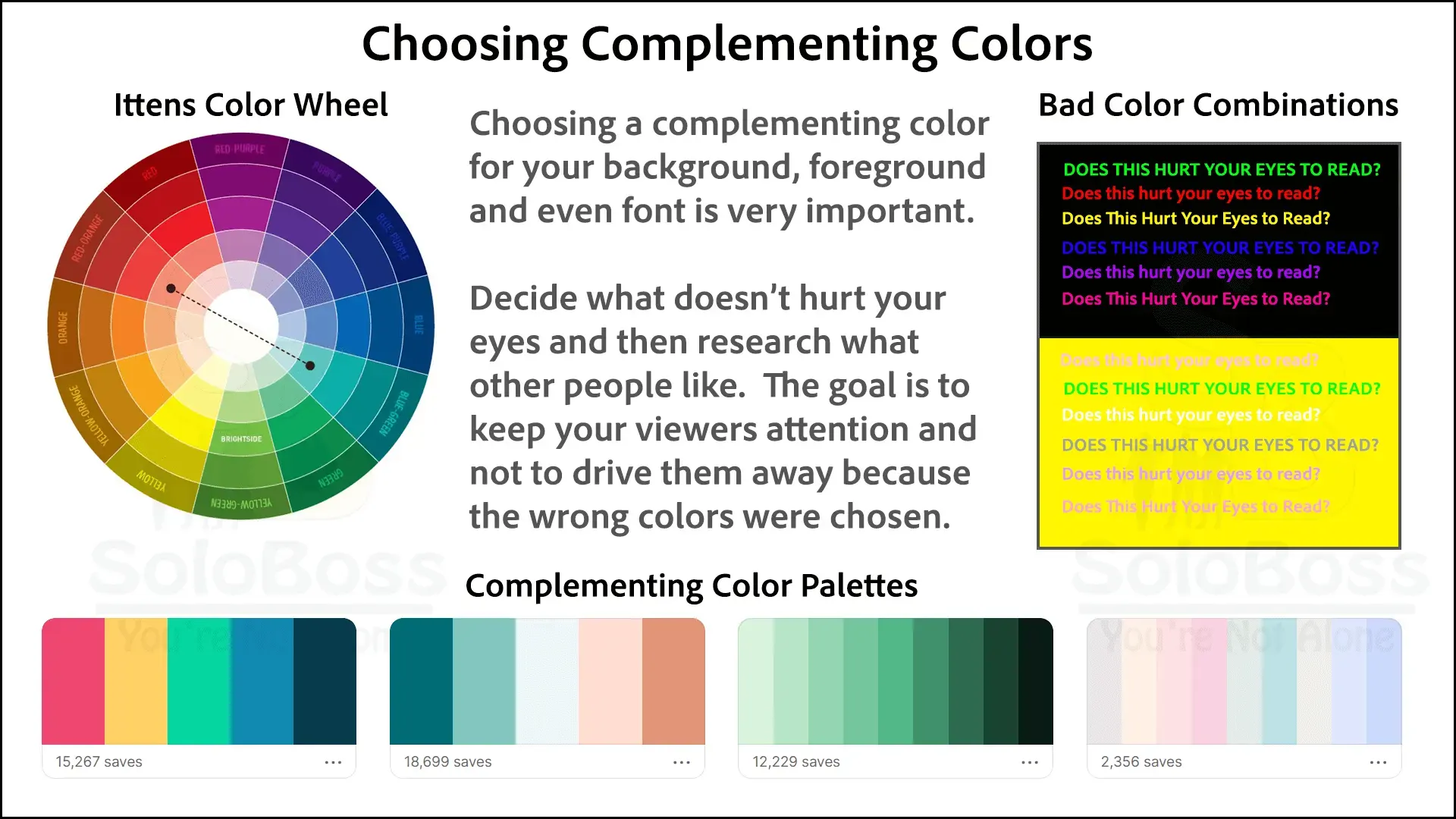 Displays how to choose color combinations for video and graphic design using itten’s color and complementing colors.