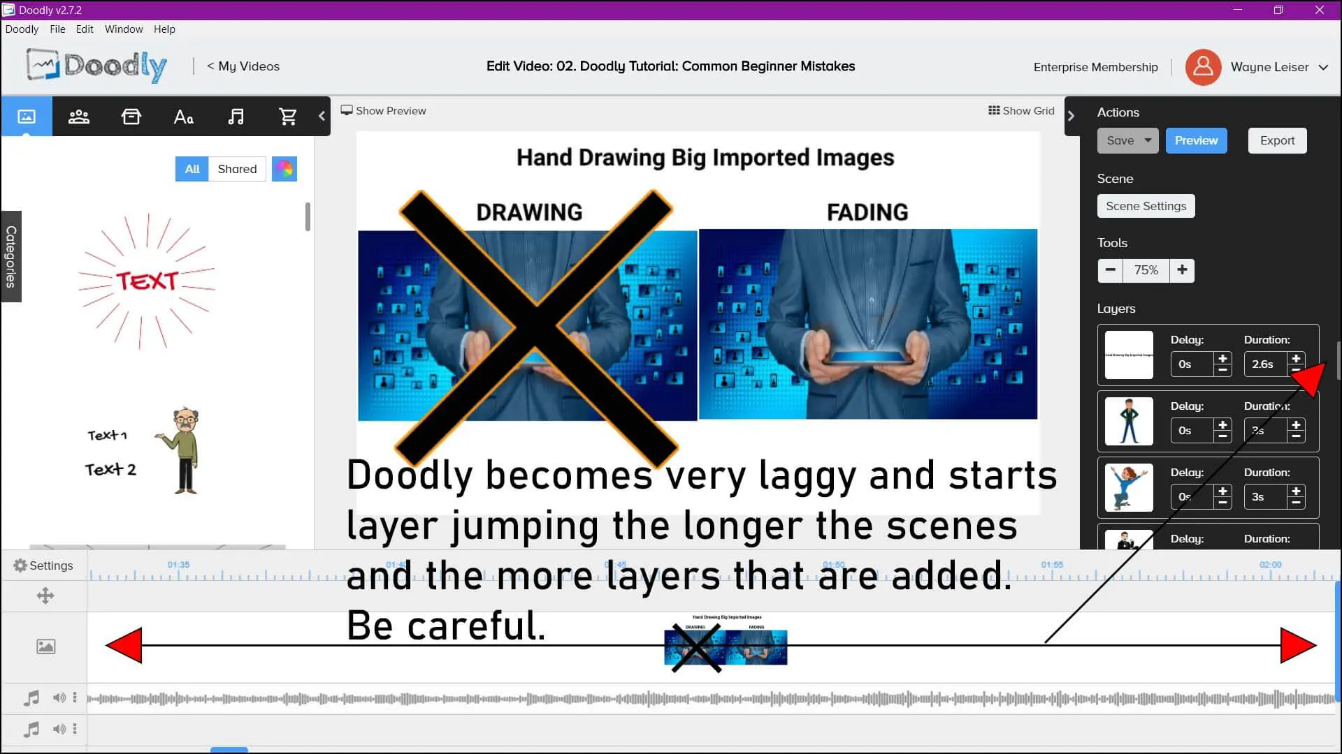 Shows an image example and explains why having too many scenes or too many layers in a Doodly video production is bad and will cause layer lumping and scene jumping.