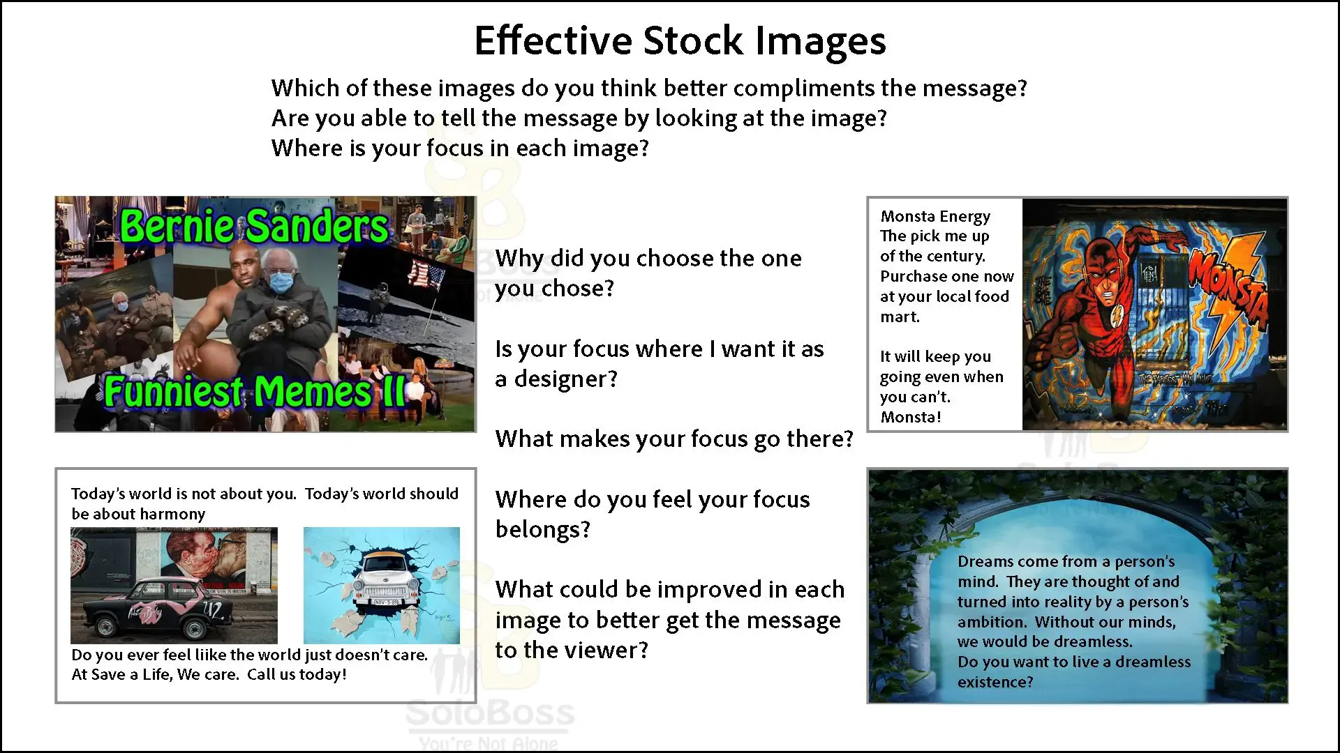 Showing good and bad uses of stock images in Doodly video design.