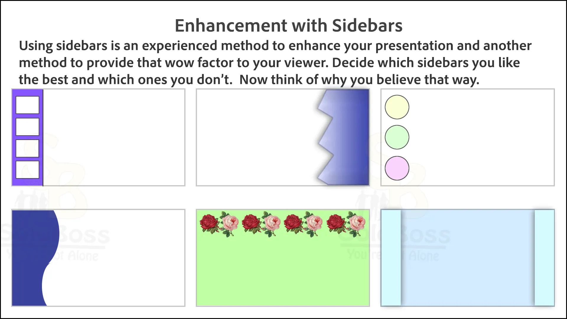 Showing examples of sidebar use for a video.