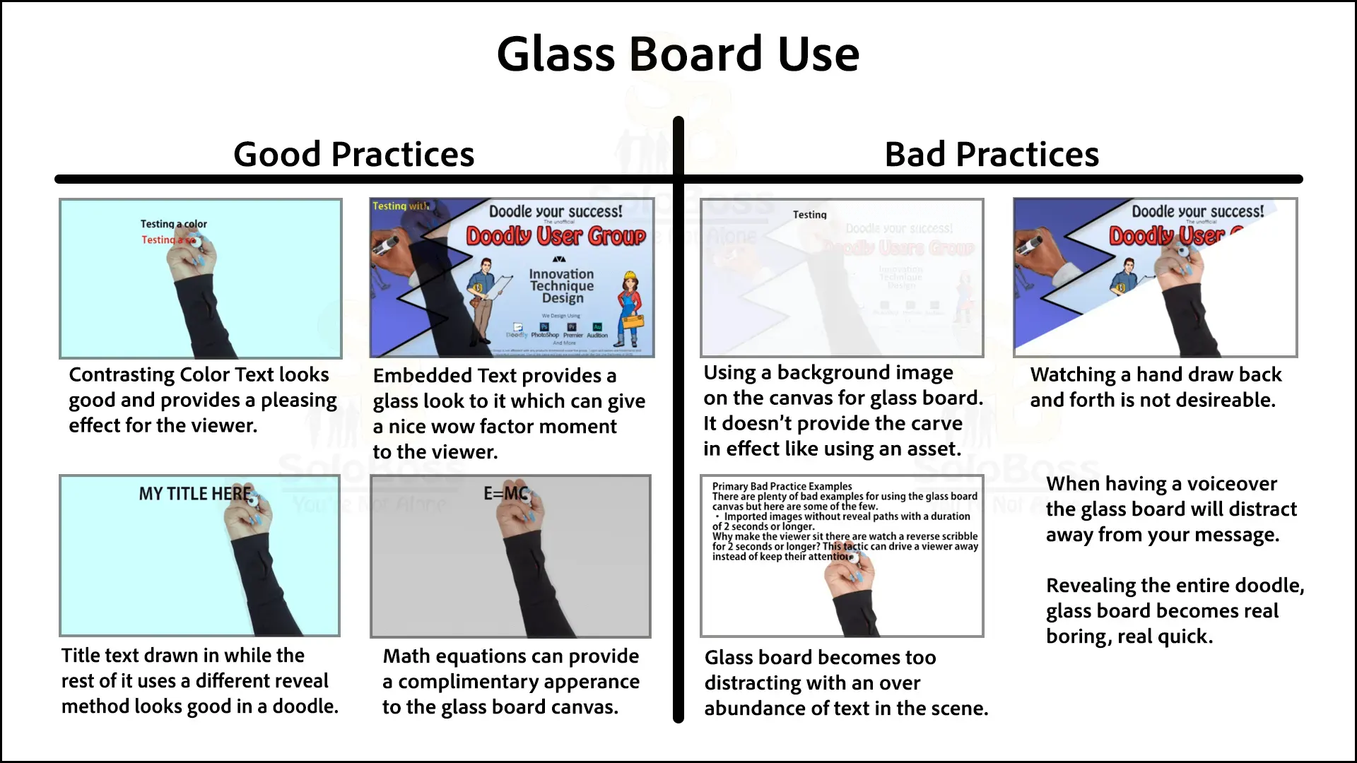 Showing good and bad practices using the glass board canvas in Doodly.