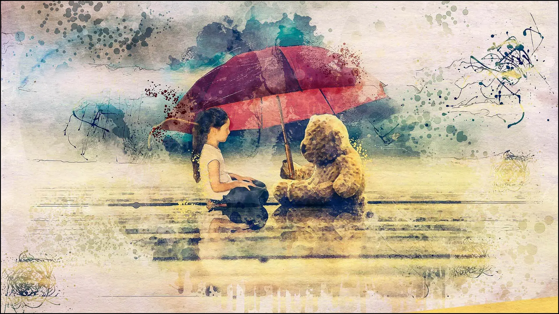 Kamal Webb image design of a teddy bear and girl under an umbrella.