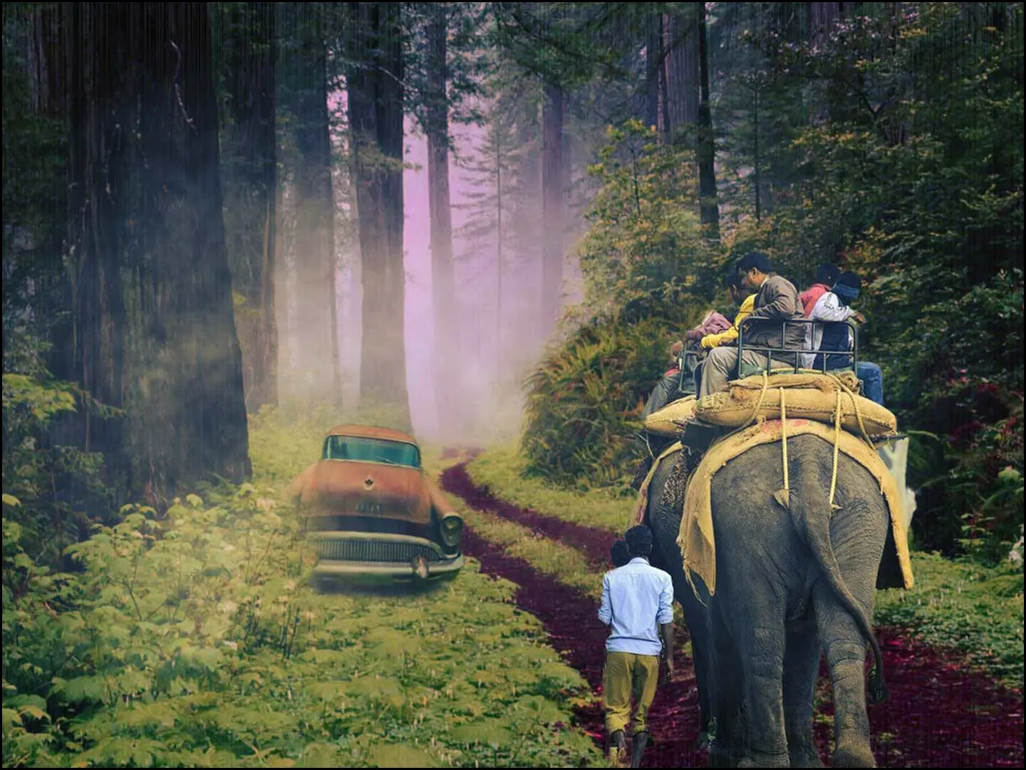 Kamal Webb image design displaying use of the rule of thirds showing people on an elephant with a person walking.