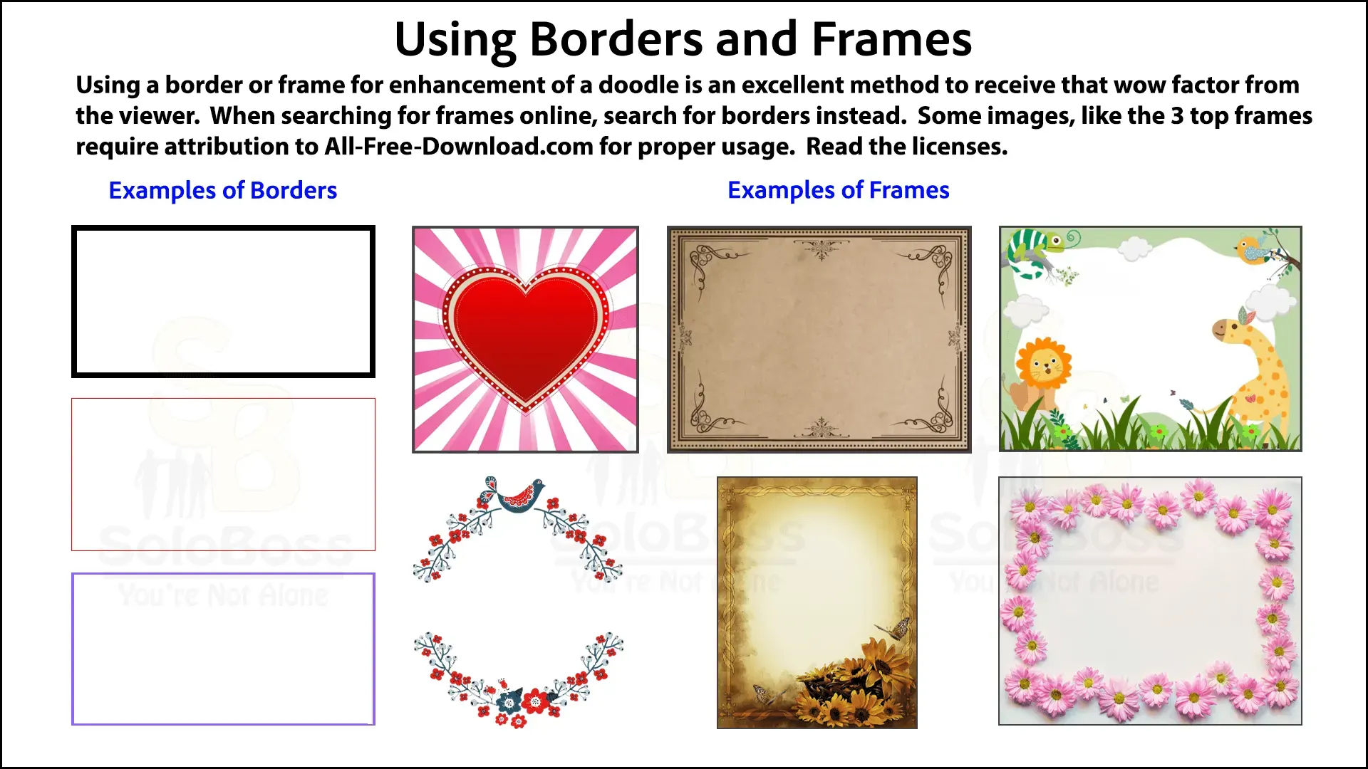 Different examples of borders and frames to use in a Doodly video.