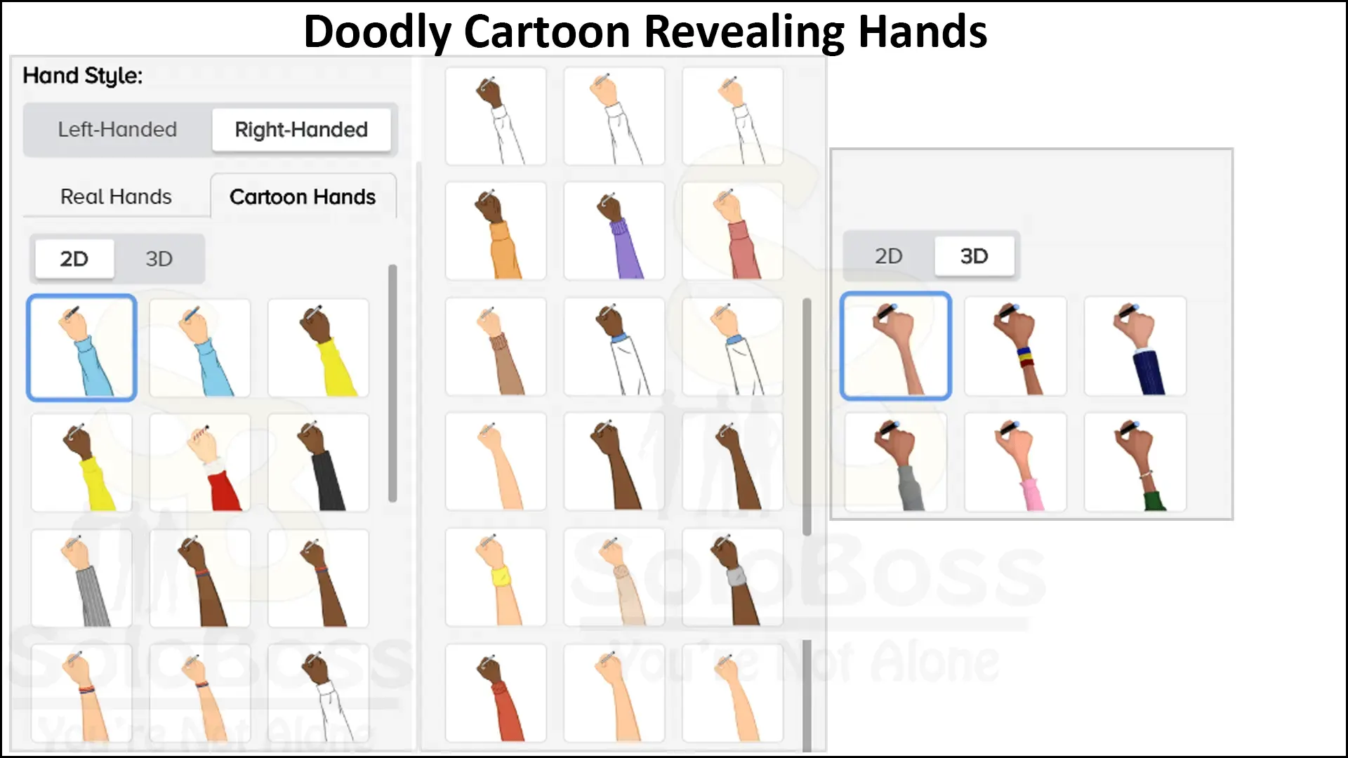 Displaying 2D and 3D cartoon drawing hands available in Doodly.