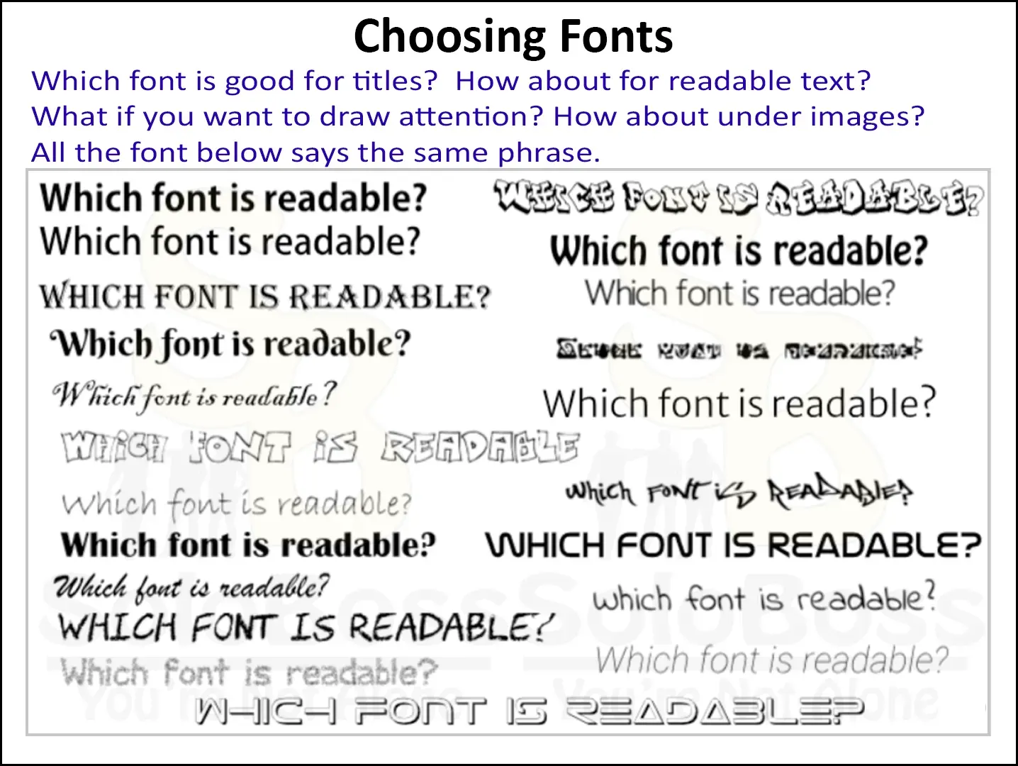 Shows various fonts and asks which fonts are easy to read when choosing fonts for a Doodly video.