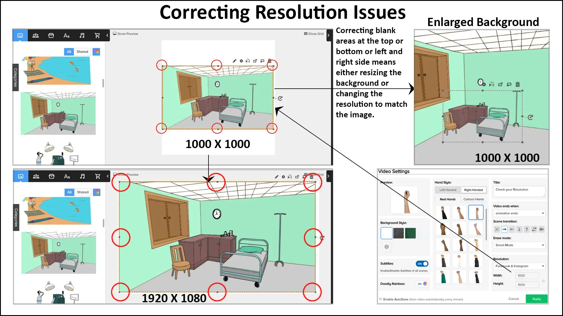 Showing how to correct resolution issues in Doodly.  Shows images of why a 1920 pixel by 1080 pixel image will not fit into a 1000 pixel by 1000 pixel Facebook canvas and how to correct that by resizing and enlarging the image.