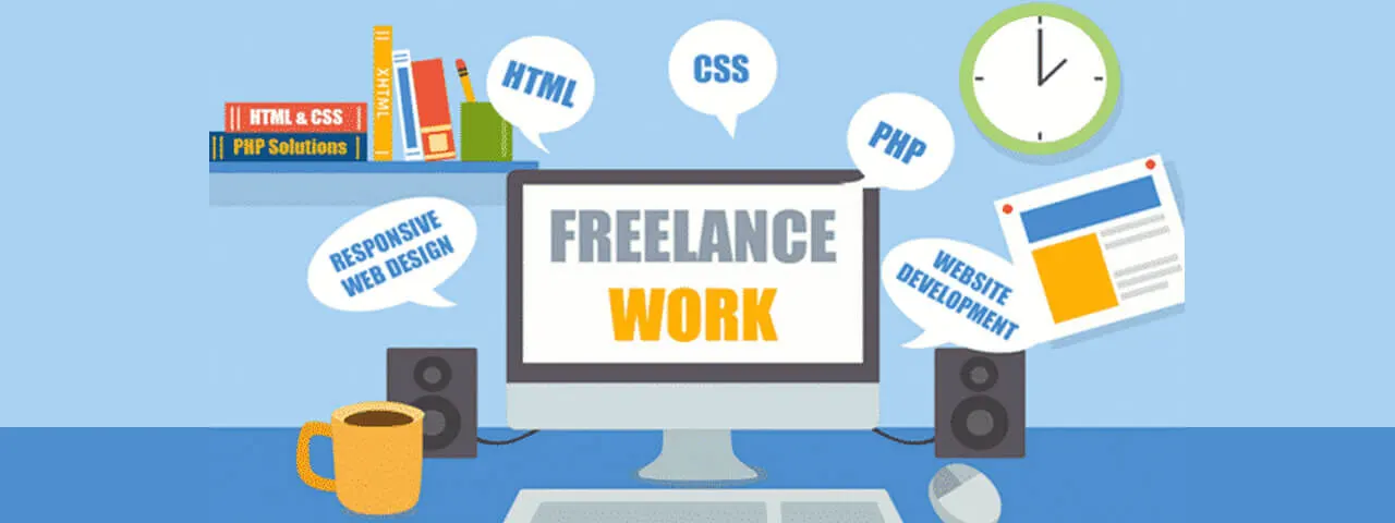 Freelance web designer and developer image displaying a computer, HTML, CSS, PHP, Website development and the words Freelance Work on the screen.