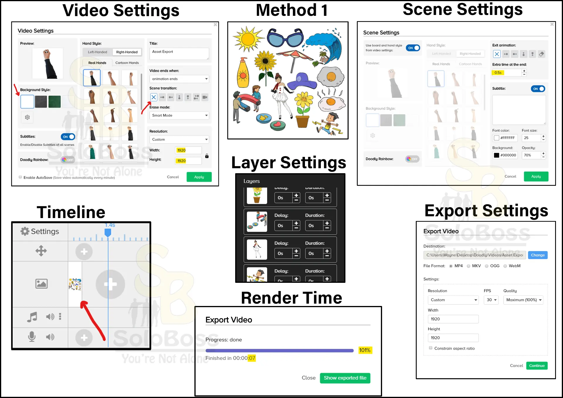 Displaying method one of combining all assets onto a single canvas layout and showing the settings to rapidly export Doodly assets out of Doodly.