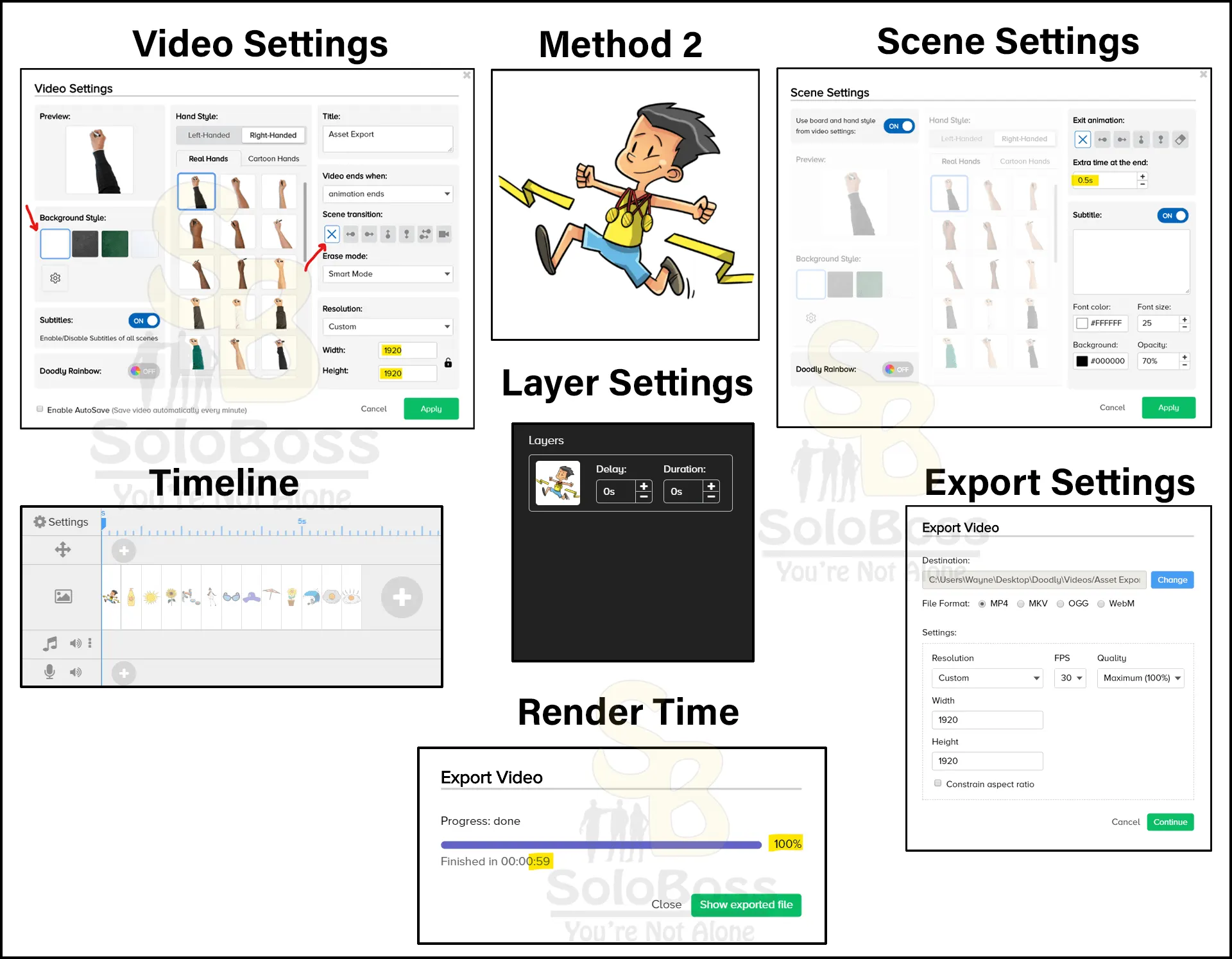 Displaying method two of have each asset in its own canvas and showing the settings to rapidly export Doodly assets out of Doodly.