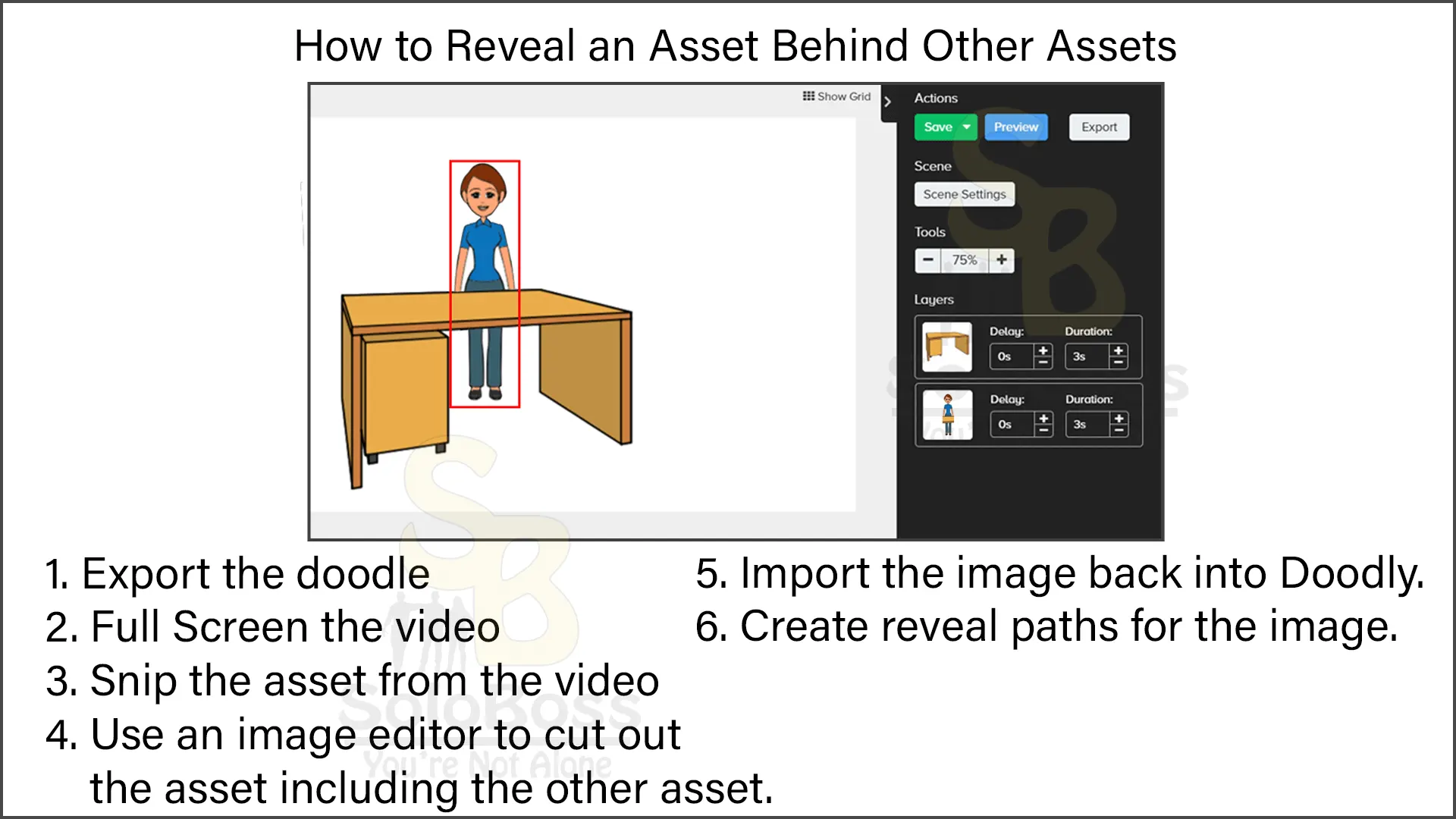Showing the steps to make a Doodly asset draw behind another asset on the canvas.