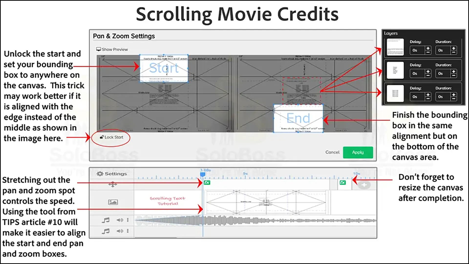 Displaying settings for how to create scrolling movie credits in Doodly.