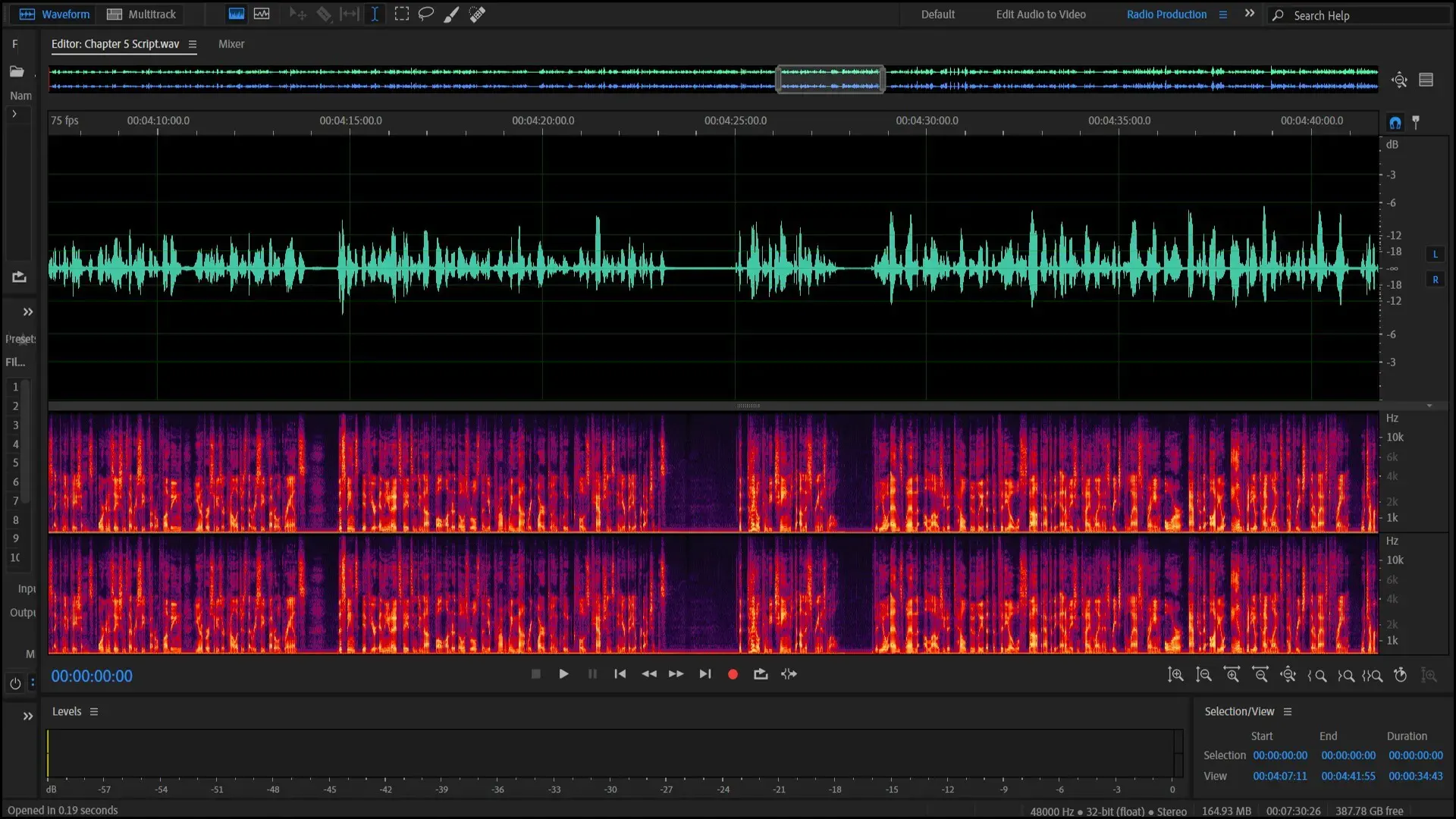 Editing a voiceover in Adobe Audition.