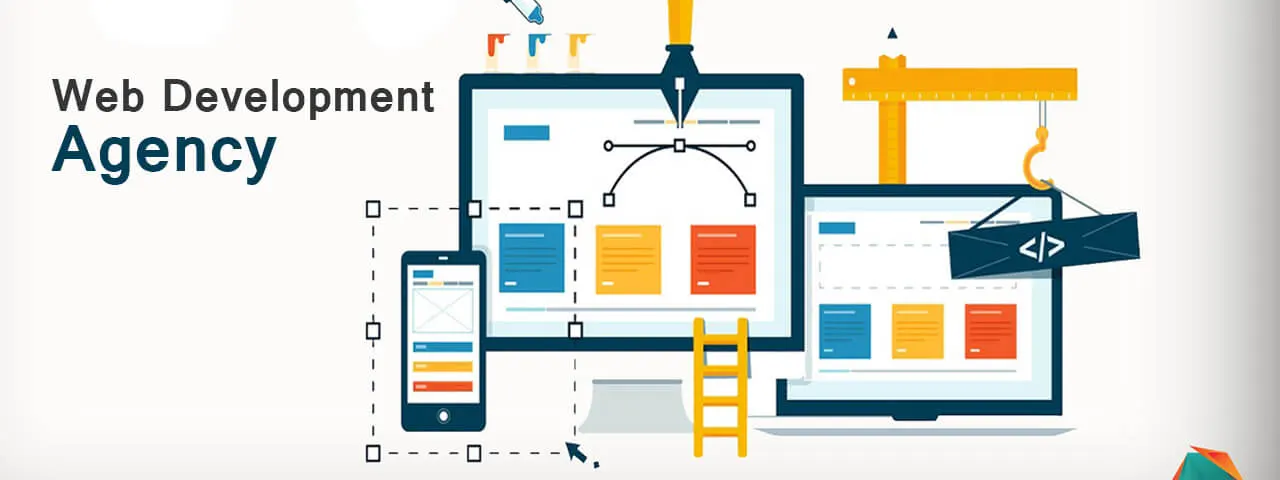 Image displaying the phrase Web Development Agency and showing a website on a mobile phone, computer and tablet.