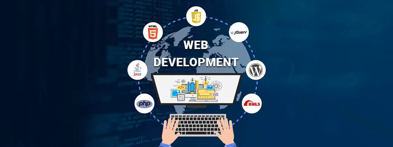 Image depiction of a web specialist working with different programs for web development.