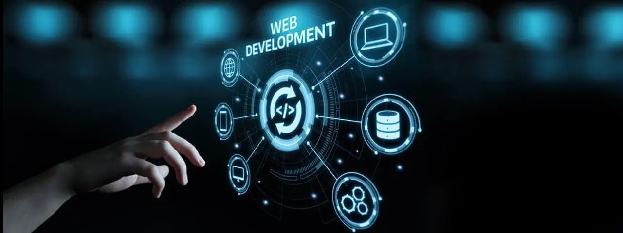 A hand pointing to the phrase website development along with images expanding from the website development.