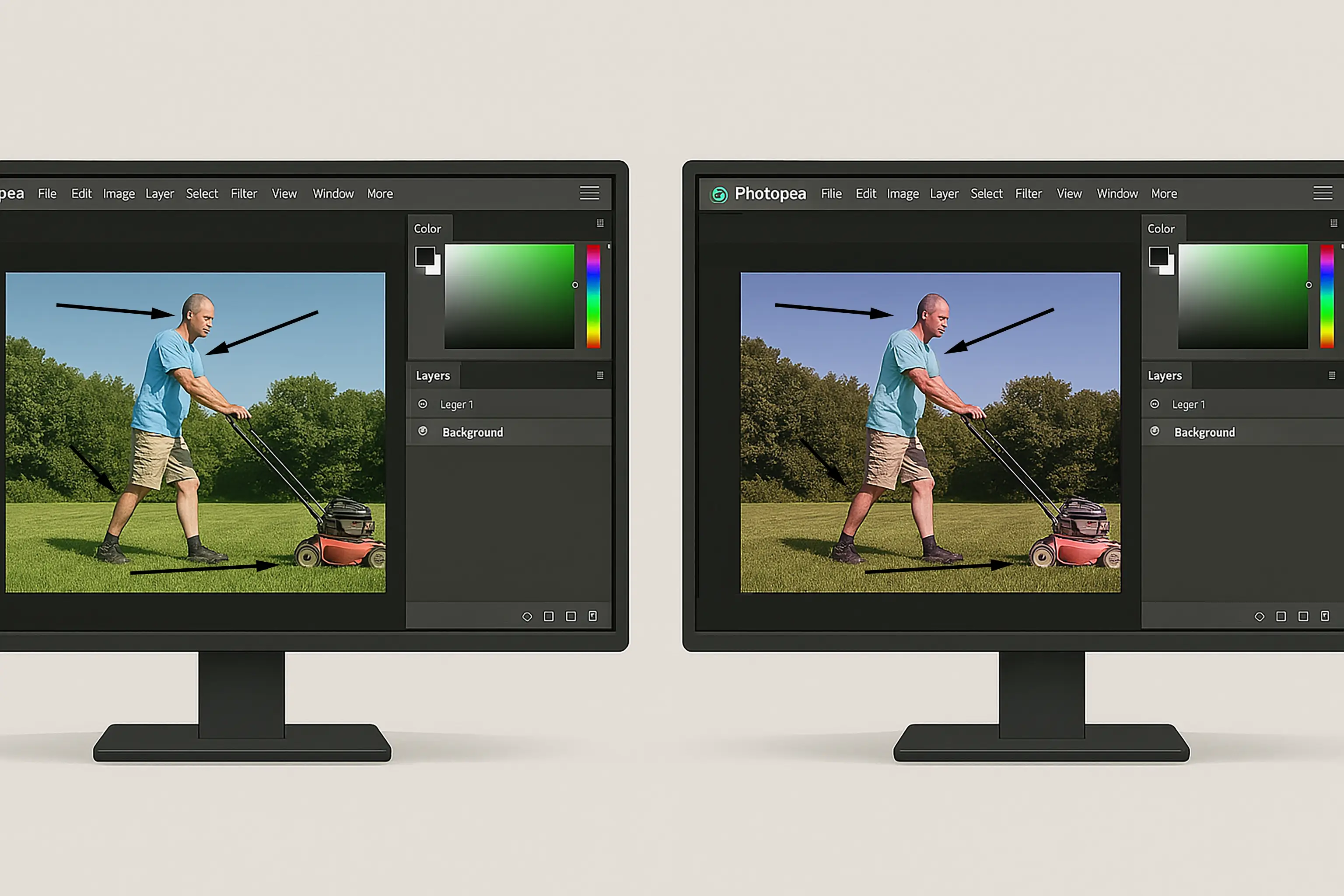 A side-by-side comparison of color differences due to display calibration.